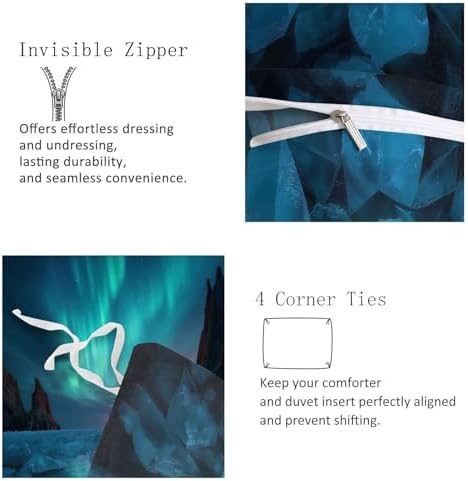 California King Duvet Cover Set Northern Lights Mountain Rocks Soft
