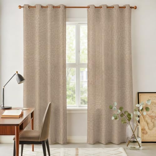 Beige Window Curtains Panels with Silver Grommet, Farmhouse Solid