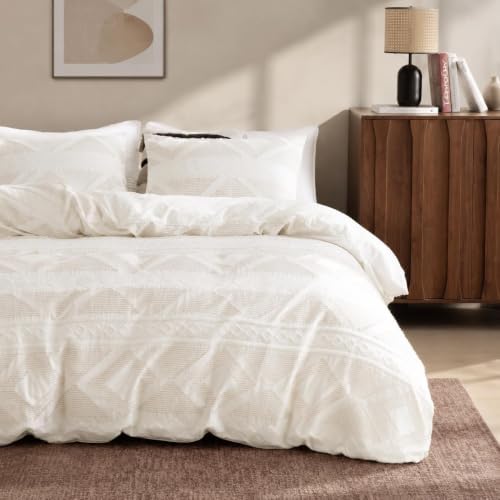 SLEEP ZONE Queen Duvet Cover Set, Tufted Boho Cotton Blend, Beige