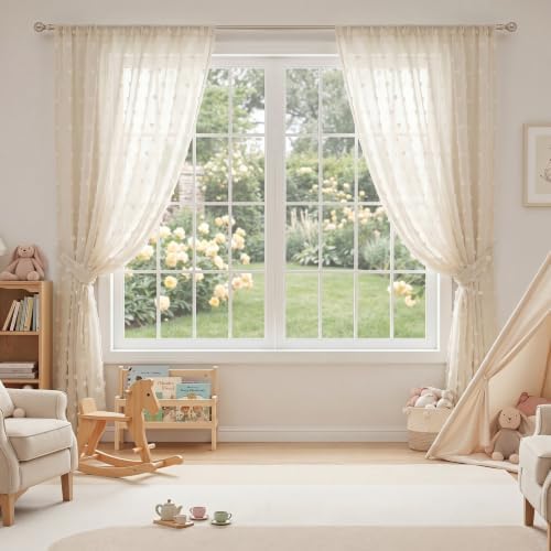 MYSKY HOME Beige Boho Sheer Curtains with Cream Pom Pom 36Wx72L,2