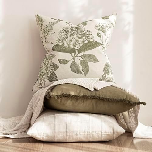 Foindtower Decorative Linen Floral Throw Pillow Cover 20×20 Inch,Sage
