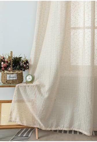 Beige Sheer Curtain 108 inch Long 2 Panels, Solid Color Rod Pocket