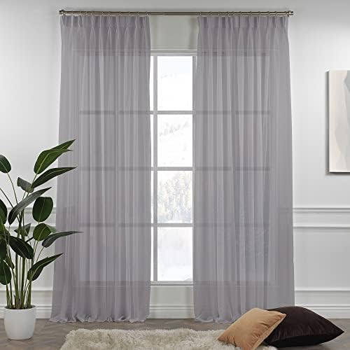 Extra Long Grey Sheer Pinch Pleated Linen Curtains Set of 2 Home Décor