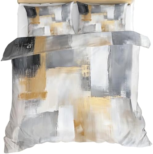 Gold Gray Block Comforter Set King Brush Stroke Duvet Cover Set