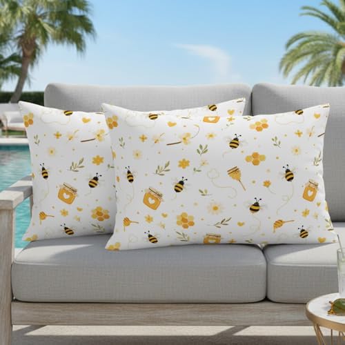 Farmhouse Bees Pillow Covers 12x20IN Set of 2 Cotton Linen Reversible