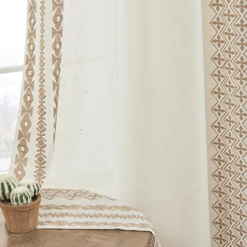 Boho Curtains 63 Inch Length 2 Panels set Linen Sheer Curtains for