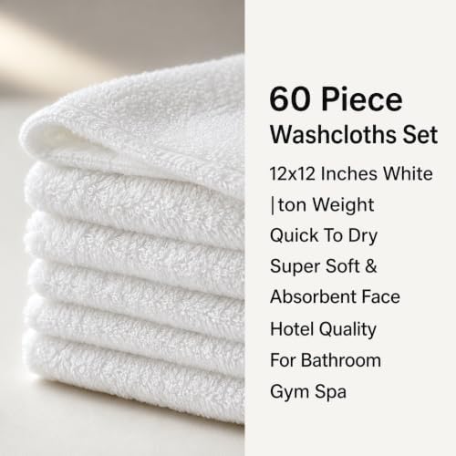 60 Piece Washcloths Set, 12x12 Inches White, Quick Dry Super Soft &
