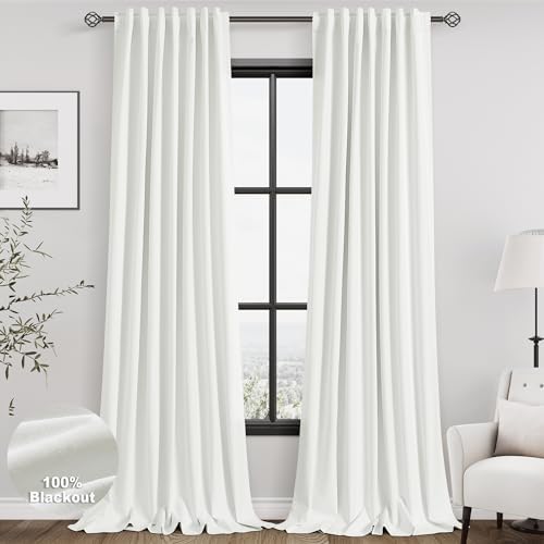 Ivory Blackout Curtains 96 Inches Long for Bedroom Linen Blend Back