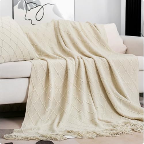 Knitted Beige Throw Blanket,Boho Cozy Sofa Blanket with Tassel