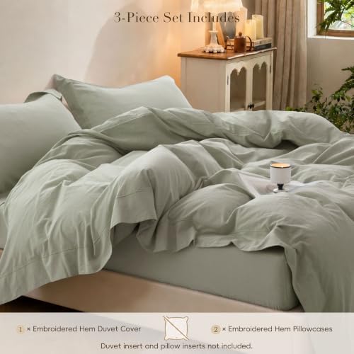 Duvet Cover Set Washed Cotton Embroidered Hem Queen 3‐Pcs