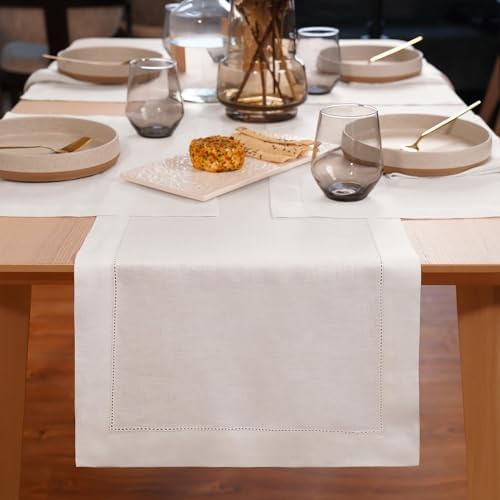 Home Ekaa 100% Pure Linen Hemstitch White Table Runner 120 Inch Long
