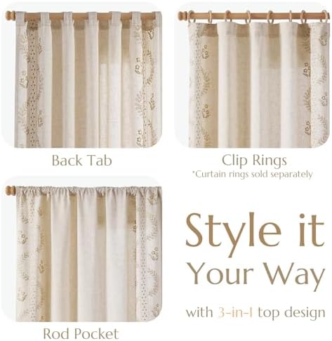 jinchan Floral Linen Curtains 63 Inch Farmhouse Back Tab 2 Panels