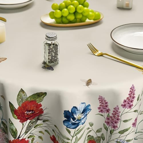 Horaldaily Spring Tablecloth 90 x 90 Inch Round Vintage Flowers Beige