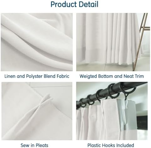 LETAU Off White Linen Curtains 63 inches Long, Pinch Pleated Light