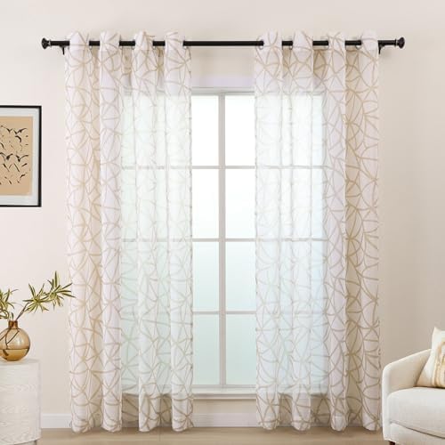 L.Z.E White Beige Sheer Curtains 84 Inches Long 2 Panels Set, Linen