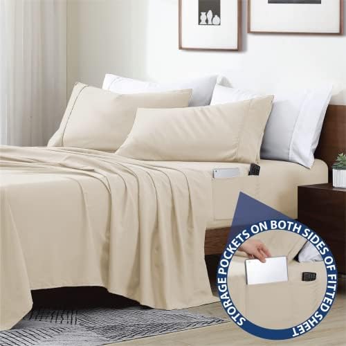 Swift Home Full Bed Sheet Set with Double Side Pockets, Cream