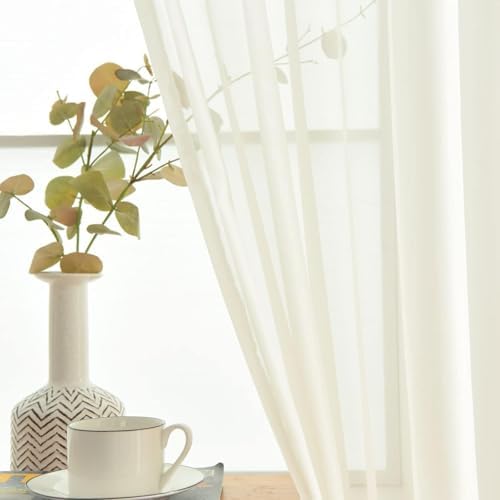 SpaceDresser Ivory Sheer Curtains 4 Panels Rod Pocket Semi-Sheer