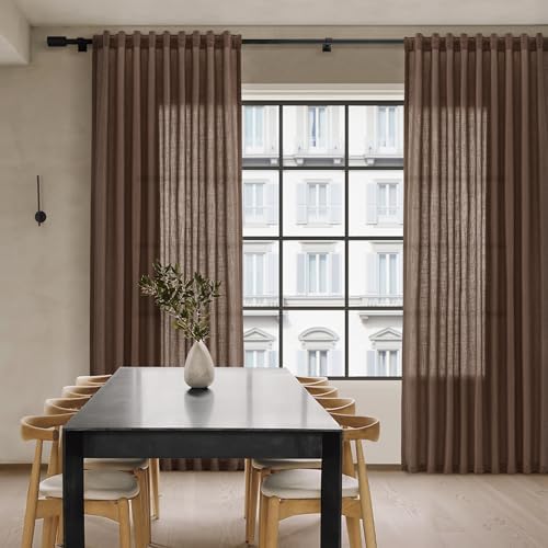 Nanspring Linen Curtains 96 Inch Long for Bedroom Hook Belt Caramel