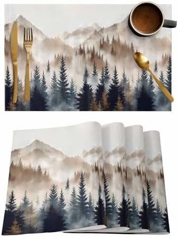 Placemats Set of 8, Tan Trees Forest Woven Placemat, Linen Place Mats