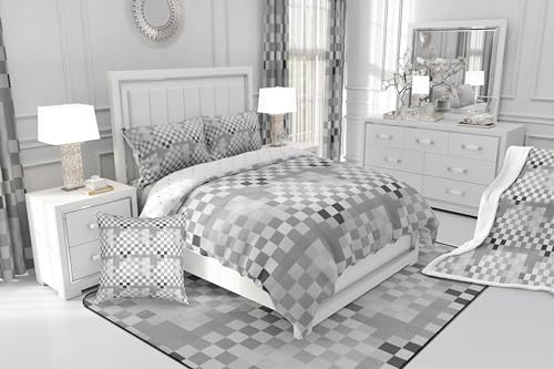 Geometric Grid Duvet Cover Set Queen Size,Gray Checkered Art Abstract