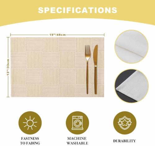 Minimalist Woven Strips Placemats Set of 8, Farmhouse Basket Beige