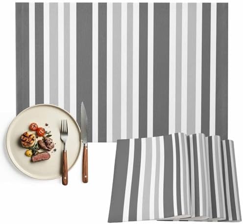 Gray Geometric Placemats Set of 8, Contrast Stripes Washable Cotton
