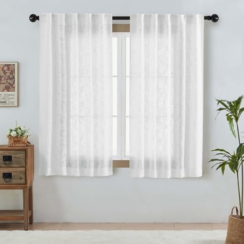 OWENIE White Faux Linen Curtains for Bedroom Living Room 63 Inch