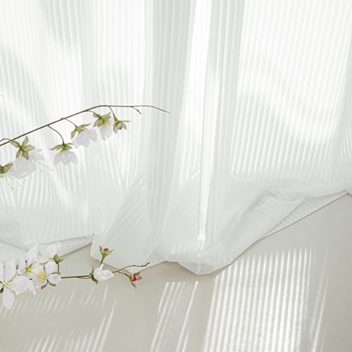 NICETOWN Non See Through Pure White Striped Sheer Curtains 96 inches