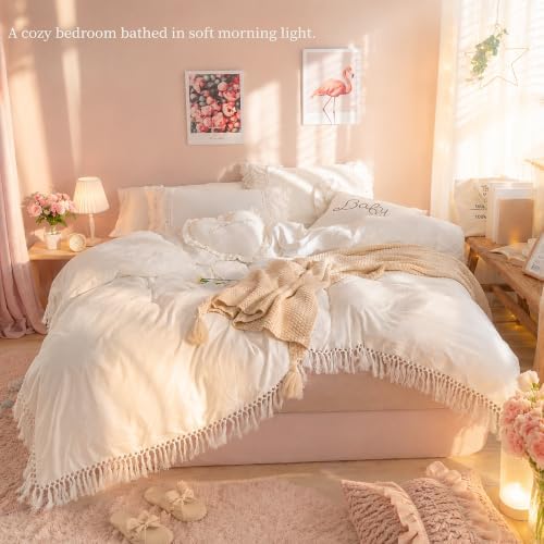 Helthep Luxury Boho King Size White Lace Bedding Collection Ruffled
