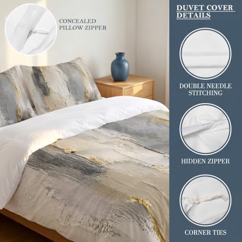 Duvet Cover Queen Size 3 Piece Bedding Set, Gray Beige Abstract Soft