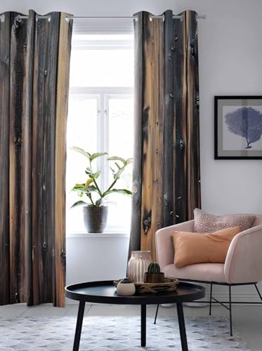 Curtains 96 Inches Long 2 Panels, Brown Wooden Grain Grommets Window