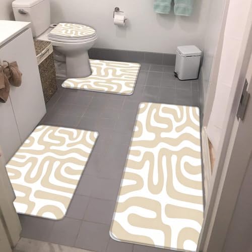 Abstract Beige Geometric 4pcs Bath Mat,17.7" x29.5“+15.7"x47.2"