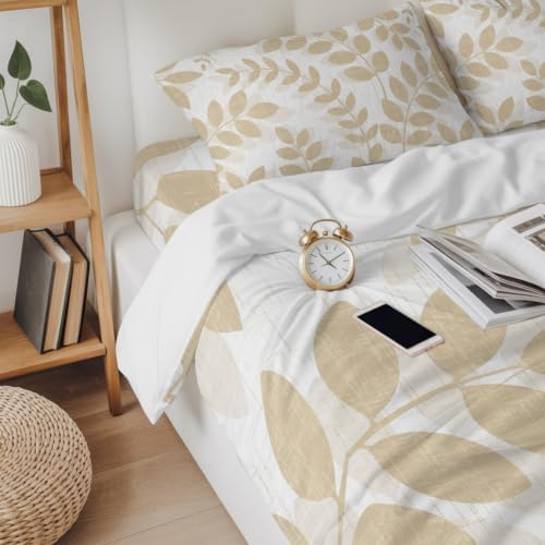 Beige Leaves King 4 Piece Duvet Cover Set, Summer Farmhouse Botanical