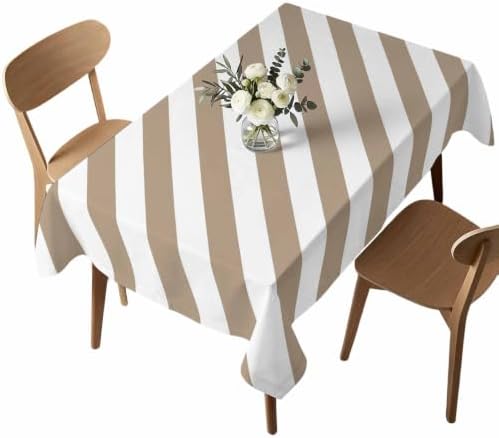 Country Taupe White Stripe Waterproof Tablecloth Rectangle Washable