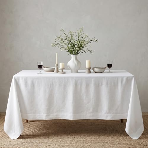 Solino Home 100% Pure Linen Tablecloth White Rectangular, Fete 60 x