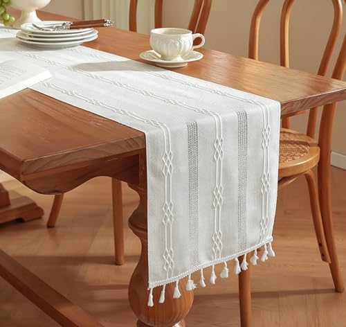 Rustic Linen Table Runner 120 Inches Long Boho Embroidered Striped