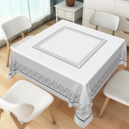 Elegant Grey and White Floral Square Tablecloth 70x70 Inch