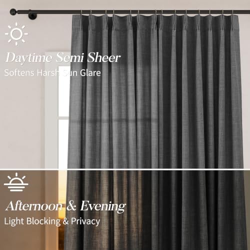 Extra Long 120 Inches Pinch Pleated Charcoal Grey Linen Curtains for