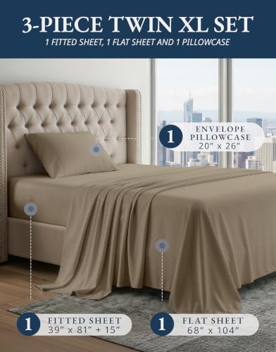 LANE LINEN Twin XL Bed Sheets 100% Egyptian Cotton Sateen - Taupe