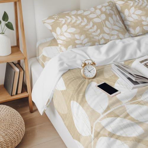 Beige Leaves California King 4 Piece Duvet Cover Set, Farmhouse Branch