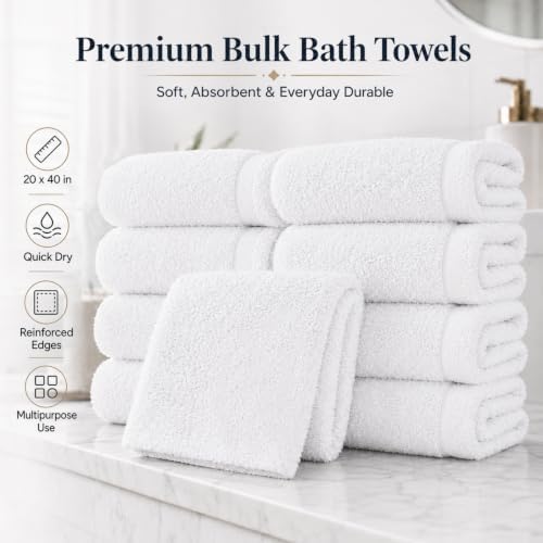 REED & PICK (Pack of 60) White Bath Towels Bulk 20x40 Inches -100%