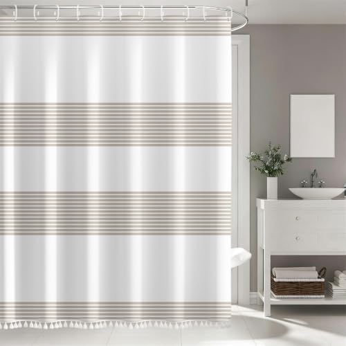 AOFOTO ‌Taupe and White Boho Tassel Shower Curtains, Striped Shower