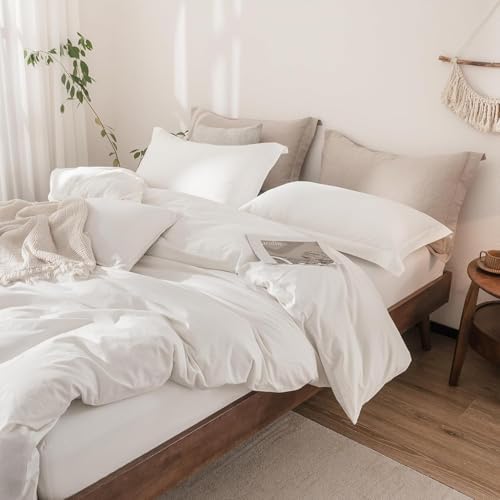 3Pcs Off White Solid Queen Duvet Cover Set Washed Cotton