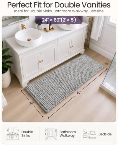 DEXI Bathroom Runner Rugs 60x24, Non Slip Chinelle Bath Mat, Light