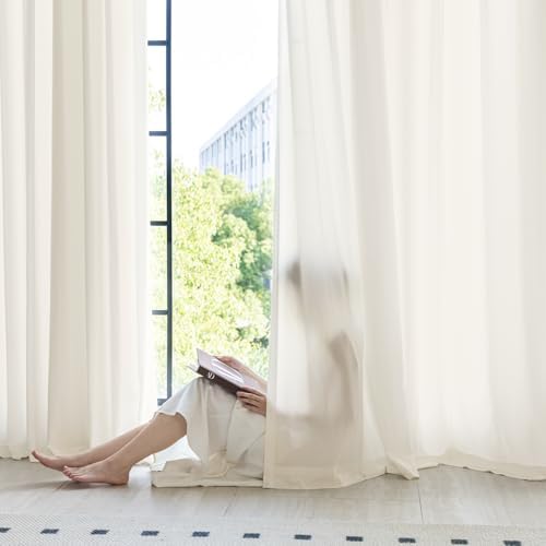 Non-See-Through Beige Privacy Sheer Curtains 72 Inch Long 2 Panels