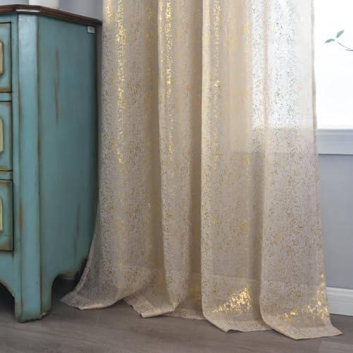 Taupe Sheer Curtains with Gold Foil Dots, Grommet, 2 Panels