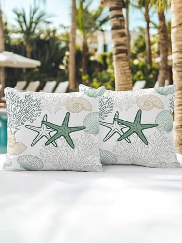 18x18 Throw Pillows Set of 2, Green Coastal Waterproof Outdoor Pillow