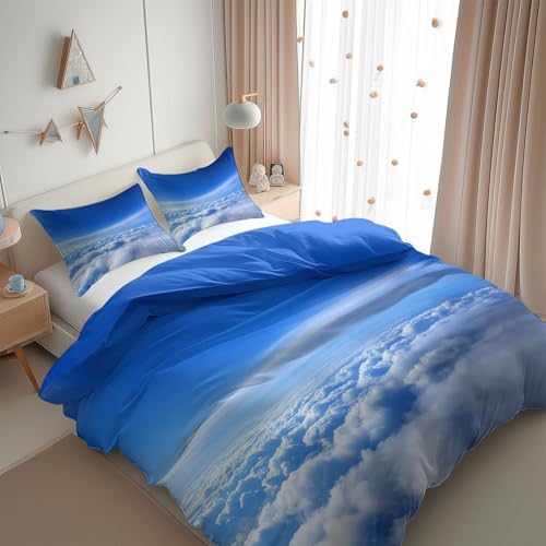 California King Duvet Cover Set Modern Blue Sky White Clouds Soft