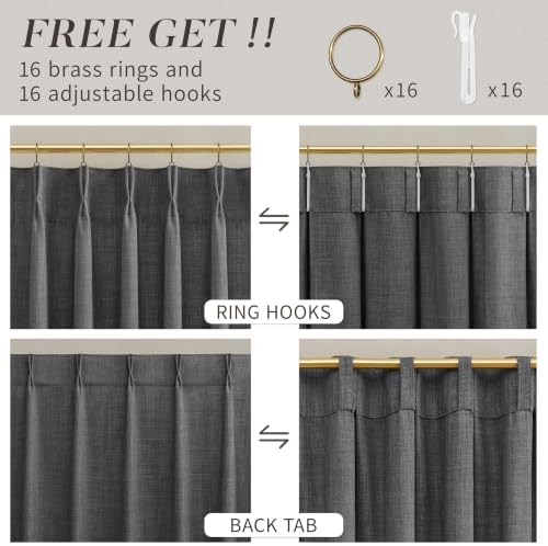 Extra Long 120 Inches Pinch Pleated Charcoal Grey Linen Curtains for