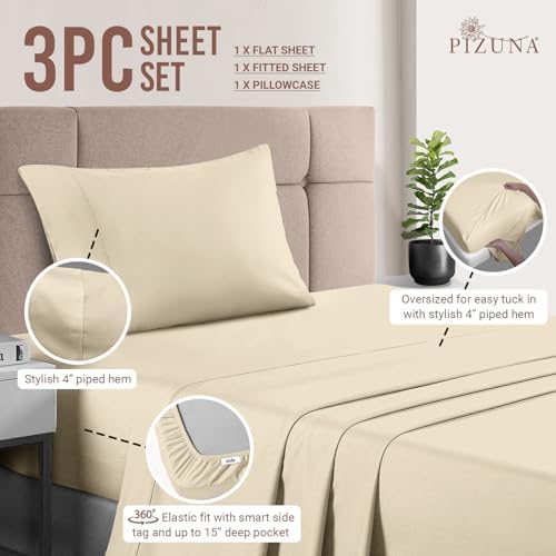 Pizuna 100% Cotton Sheets Set Twin 400 Thread Count Beige